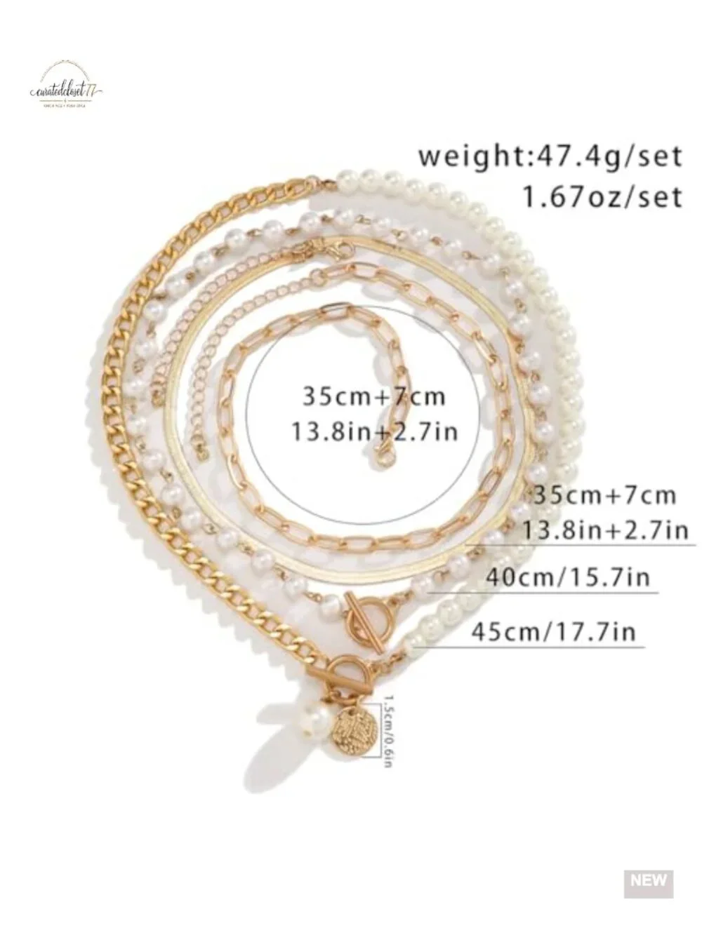 5-Piece Chunky Gold Layered Pearl Necklace Set with OT Buckle Paperclip Chain